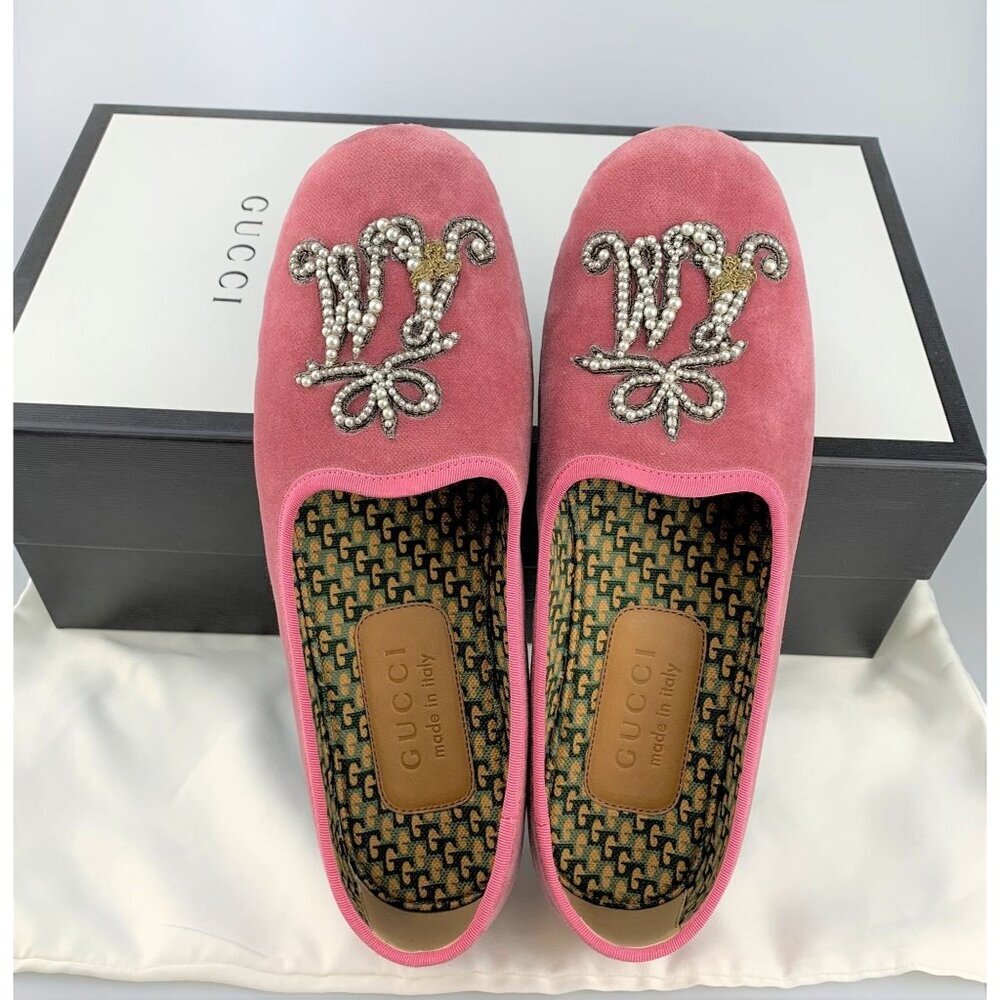 NIB Gucci Pink Velvet Pearl Monogram Slip on Loafers Size 4.5 - Picture 6 of 11
